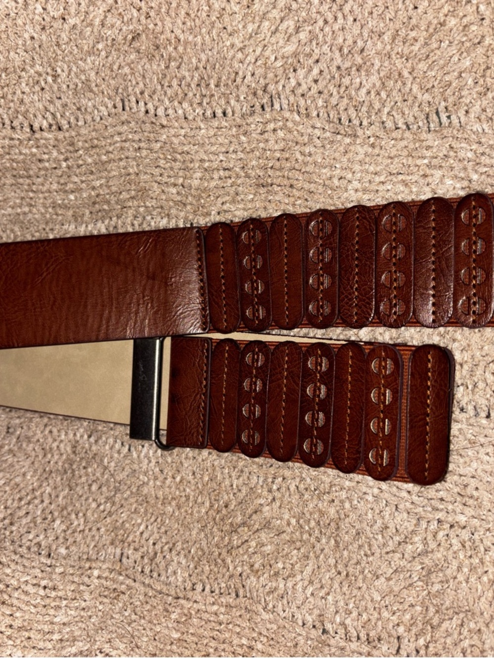 2 Inch Wide/35 Inch Length Brown Leather Belt with Oval Stitched Panels - Picture 2 of 4